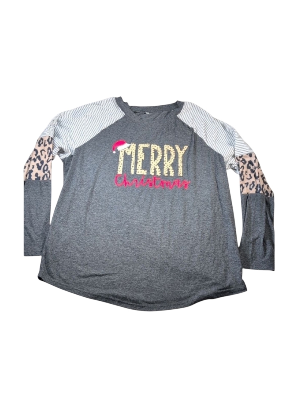 Merry Christmas Long Sleeve Holiday T-Shirt Leopard Print Size 2XL